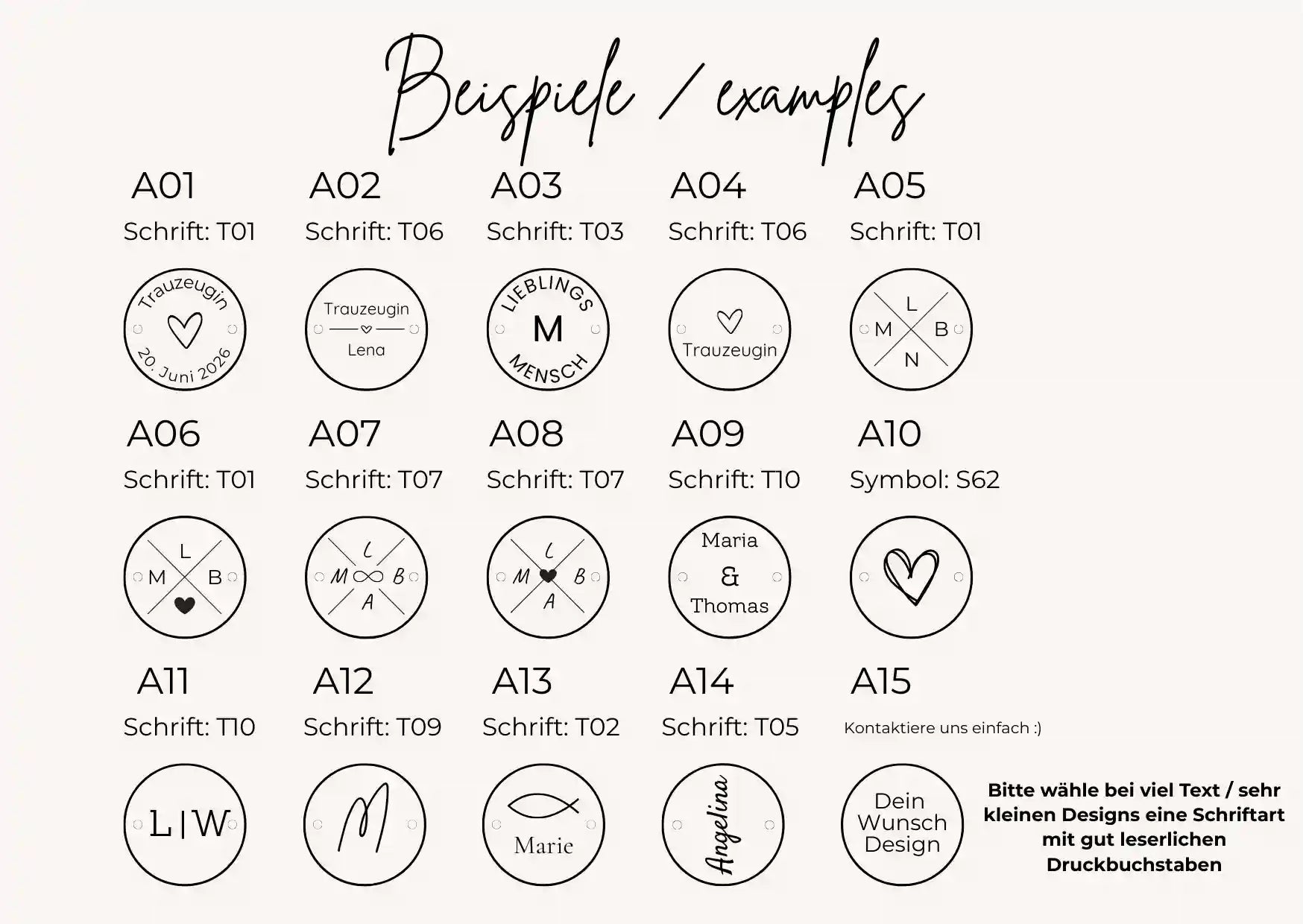 Beispiele für Gravurdesigns auf Trauzeugin Armband – Namen, Initialen und Symbole