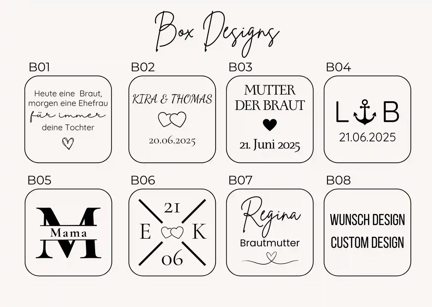 Auswahl von 8 Designs für die gravierte Schmuckbox für die Brautmama Kette