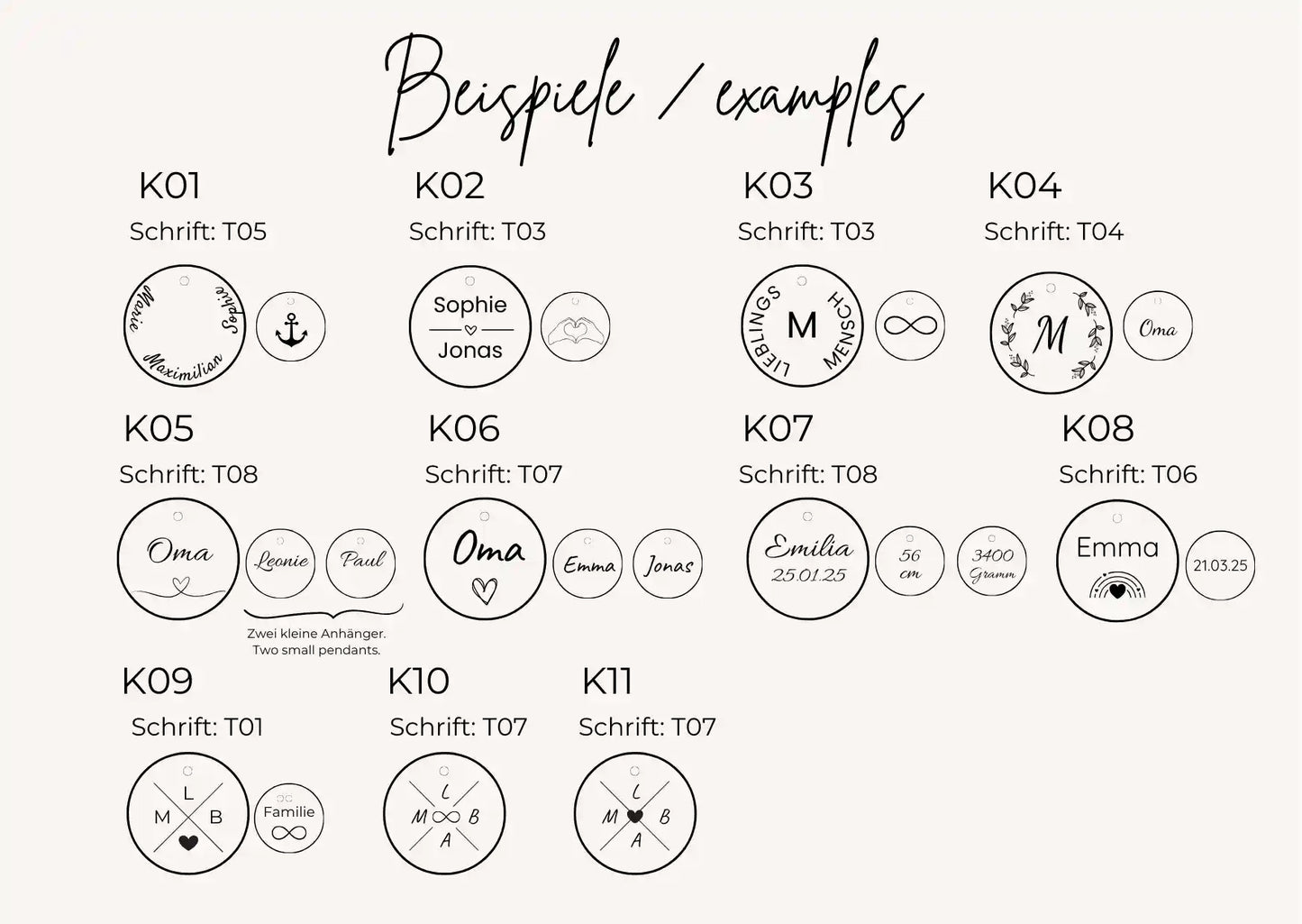 Übersicht verschiedener Gravurdesigns für personalisierte Anhänger – Beispiele K01 bis K11 mit unterschiedlichen Schriftarten, Symbolen, Initialen, Namen, Geburtsdaten und Motiven zur individuellen Gestaltung von Namensketten.