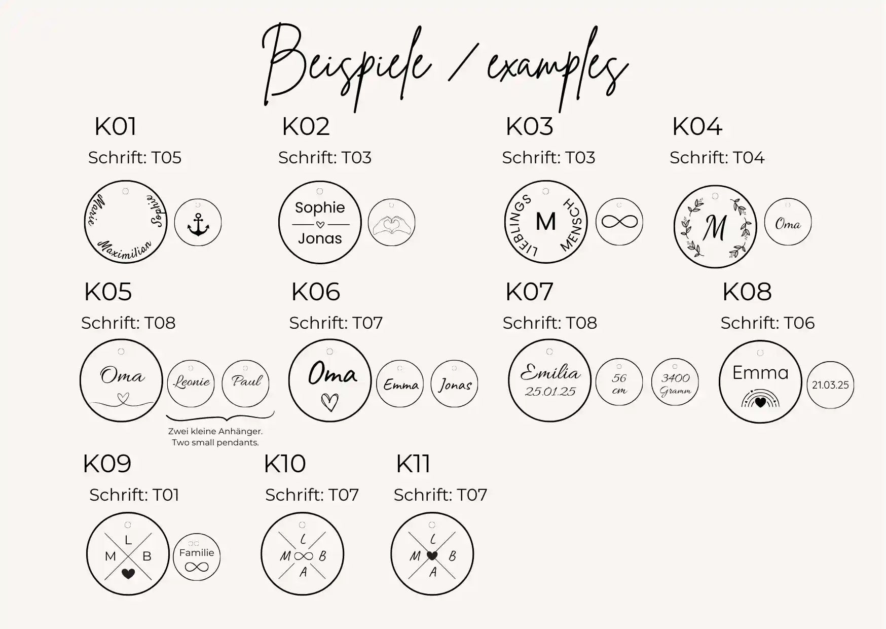 Übersicht verschiedener Gravurdesigns für personalisierte Anhänger – Beispiele K01 bis K11 mit unterschiedlichen Schriftarten, Symbolen, Initialen, Namen, Geburtsdaten und Motiven zur individuellen Gestaltung von Namensketten.