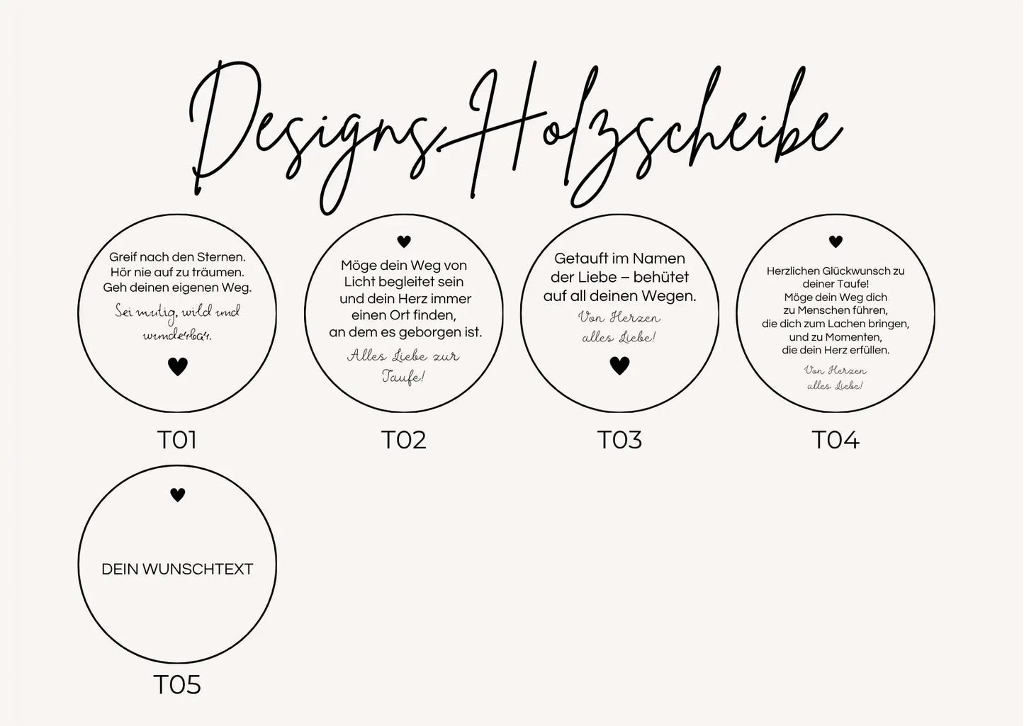 Auswahl gravierter Holzscheiben mit Taufspruch für personalisierte Holzbox zur Taufe, verschiedene Designs und Wunschtext möglich