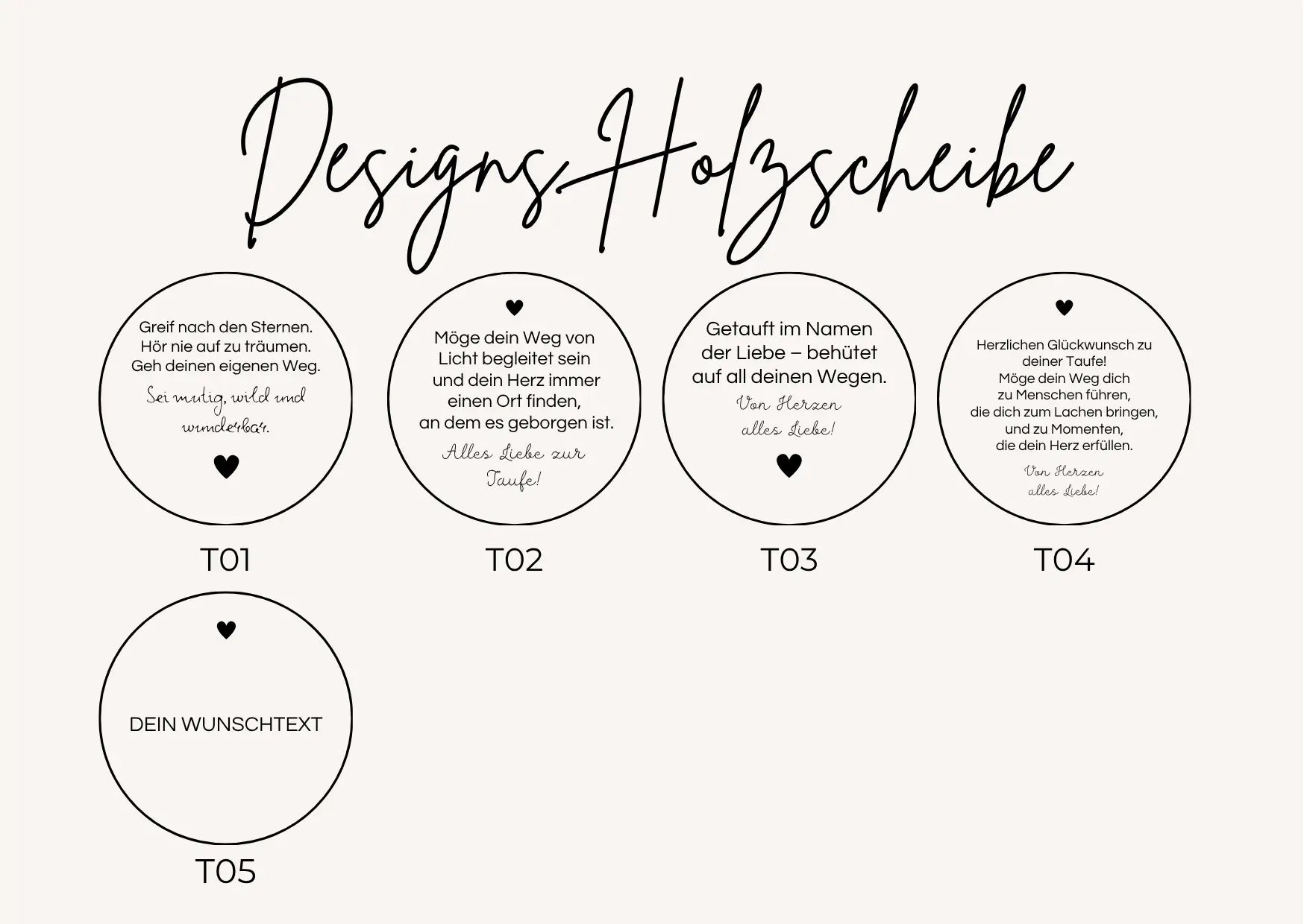 Auswahl gravierter Holzscheiben mit Taufspruch für personalisierte Holzbox zur Taufe, verschiedene Designs und Wunschtext möglich