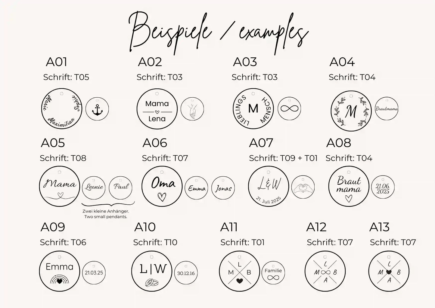 Beispieldesigns für Braut Mama Kette mit Gravur als Morgengabe für die Brautmutter