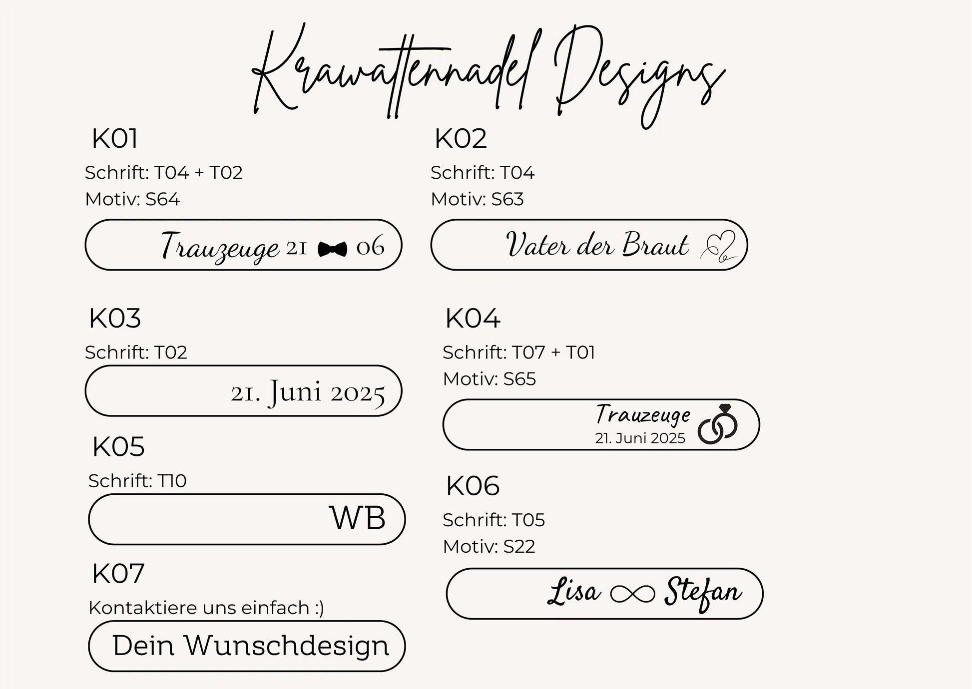 Auswahl Design für Krawattennadel mit Gravur als Geschenk zur Hochzeit