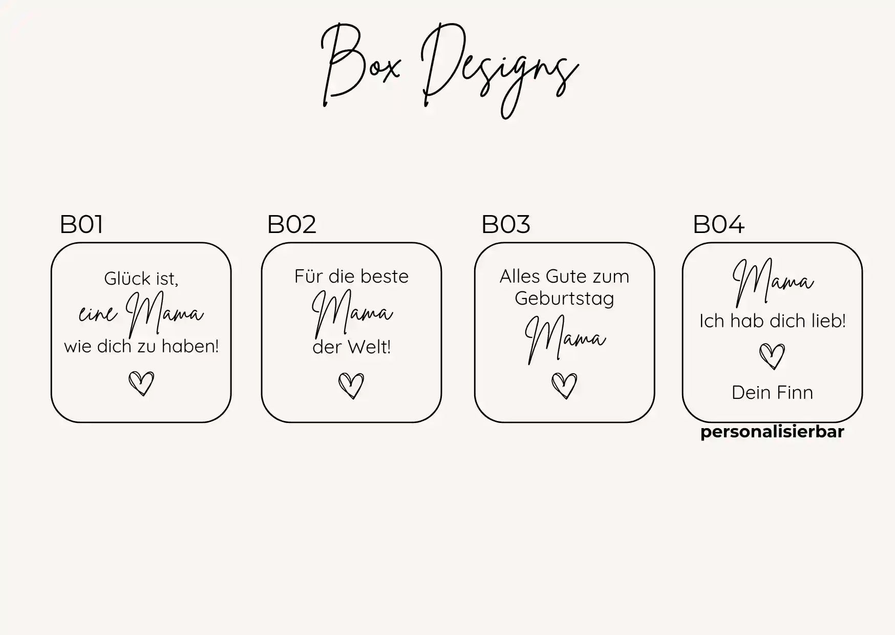 Designübersicht für gravierte Schmuckbox, Geschenkbox mit liebevollen Mama Sprüchen
