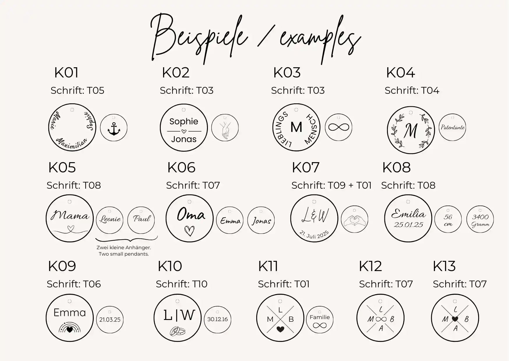 Gravur Designs für personalisierte Mama Kette, verschiedene Anhänger und Layouts zur Auswahl