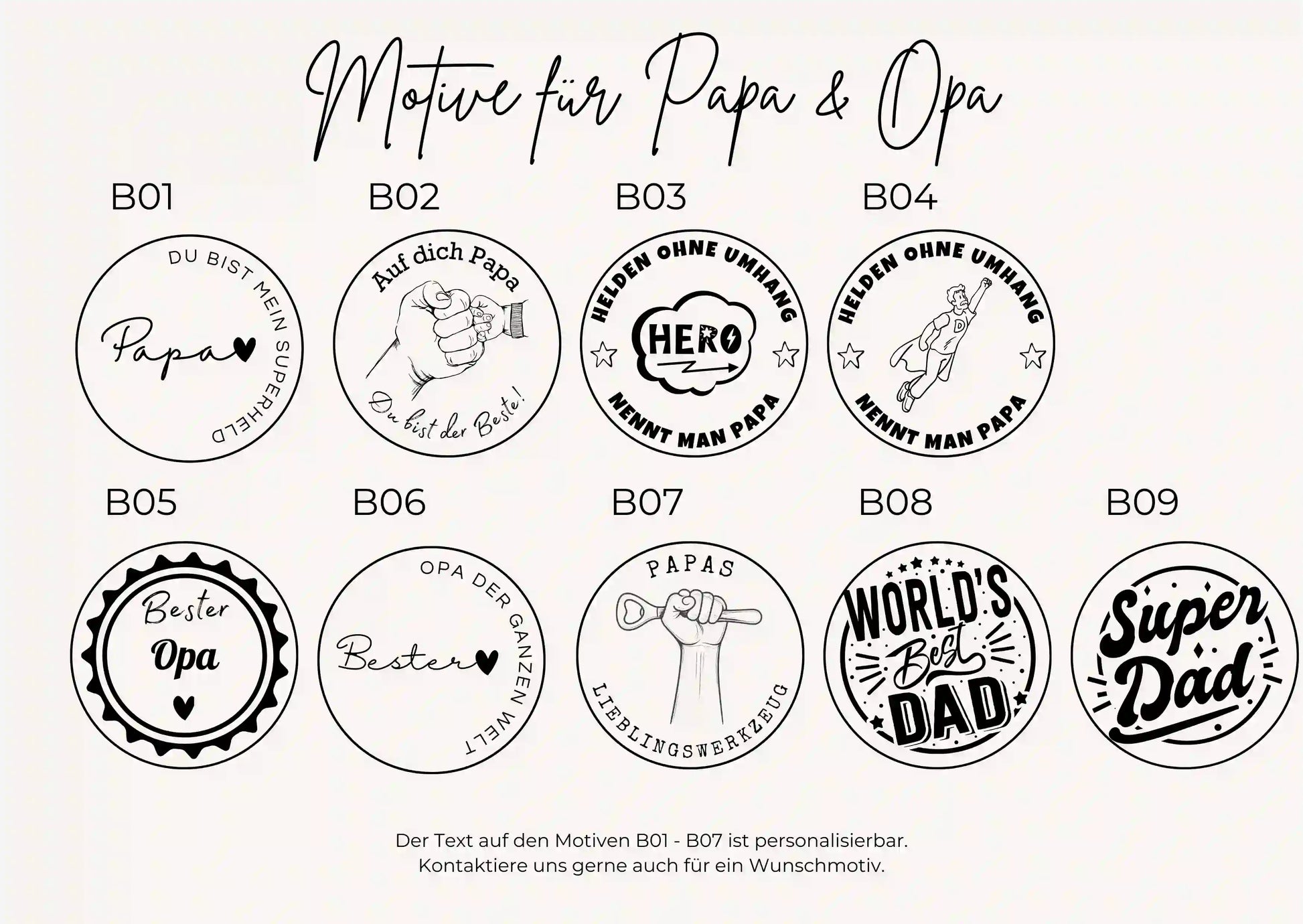 9 Motive zur Auswahl für einen Flaschenöffner aus Holz für Papa oder Opa. 7 Motive davon personalisierbar