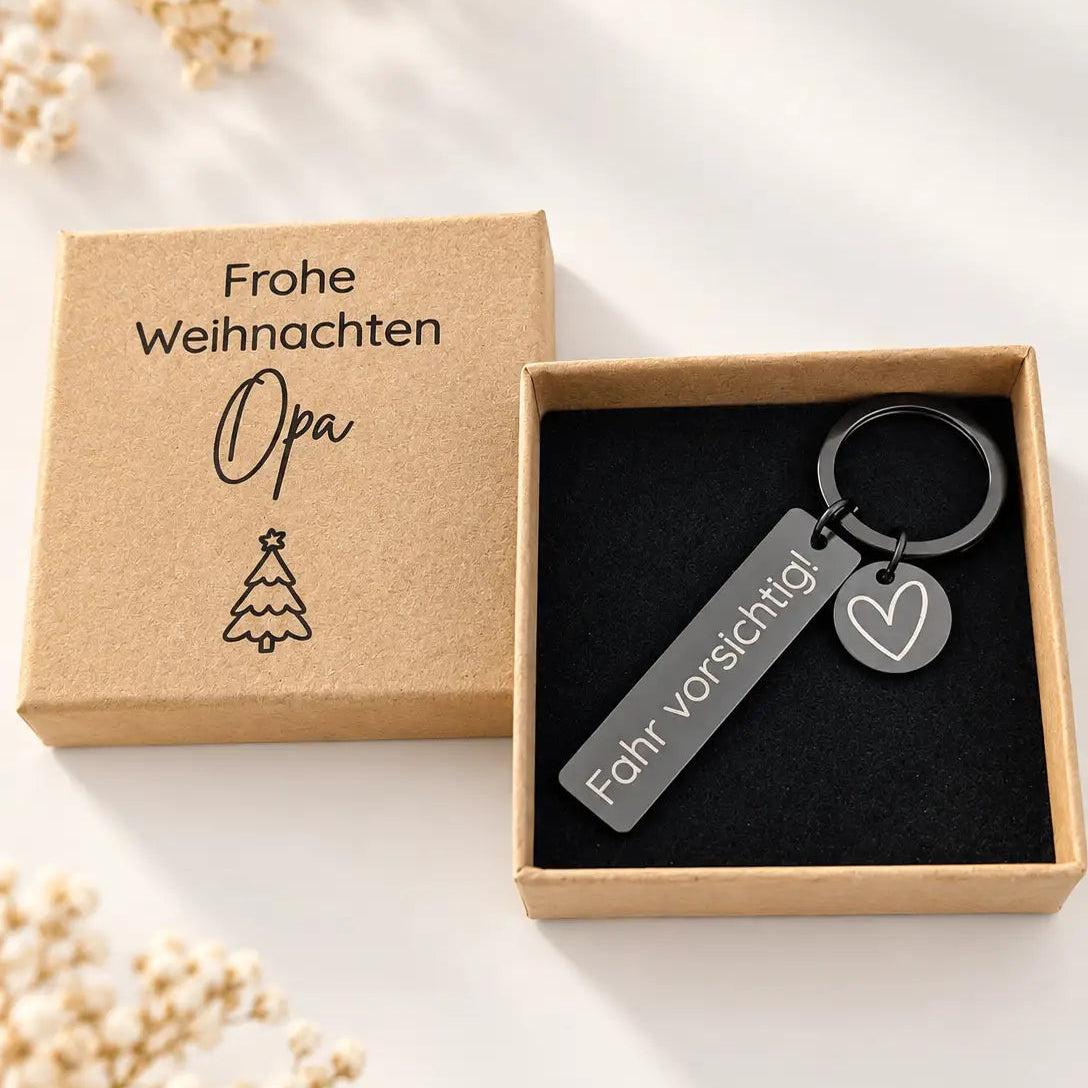 Personalisiertes Weihnachtsgeschenk für Opa – schwarzer Schlüsselanhänger mit Gravur Fahr vorsichtig Opa in Geschenkbox Frohe Weihnachten Opa