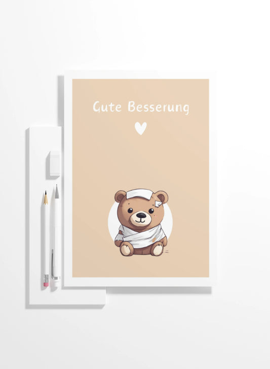 Postkarte zur Genesung mit Aufschrift "Gute Besserung" und einem süßen Bären mit Verband