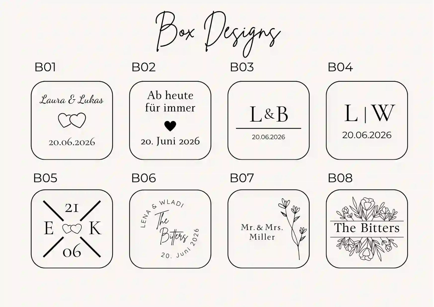 Gravur Designvorlagen für personalisierte Ringbox mit Namen und Initialen