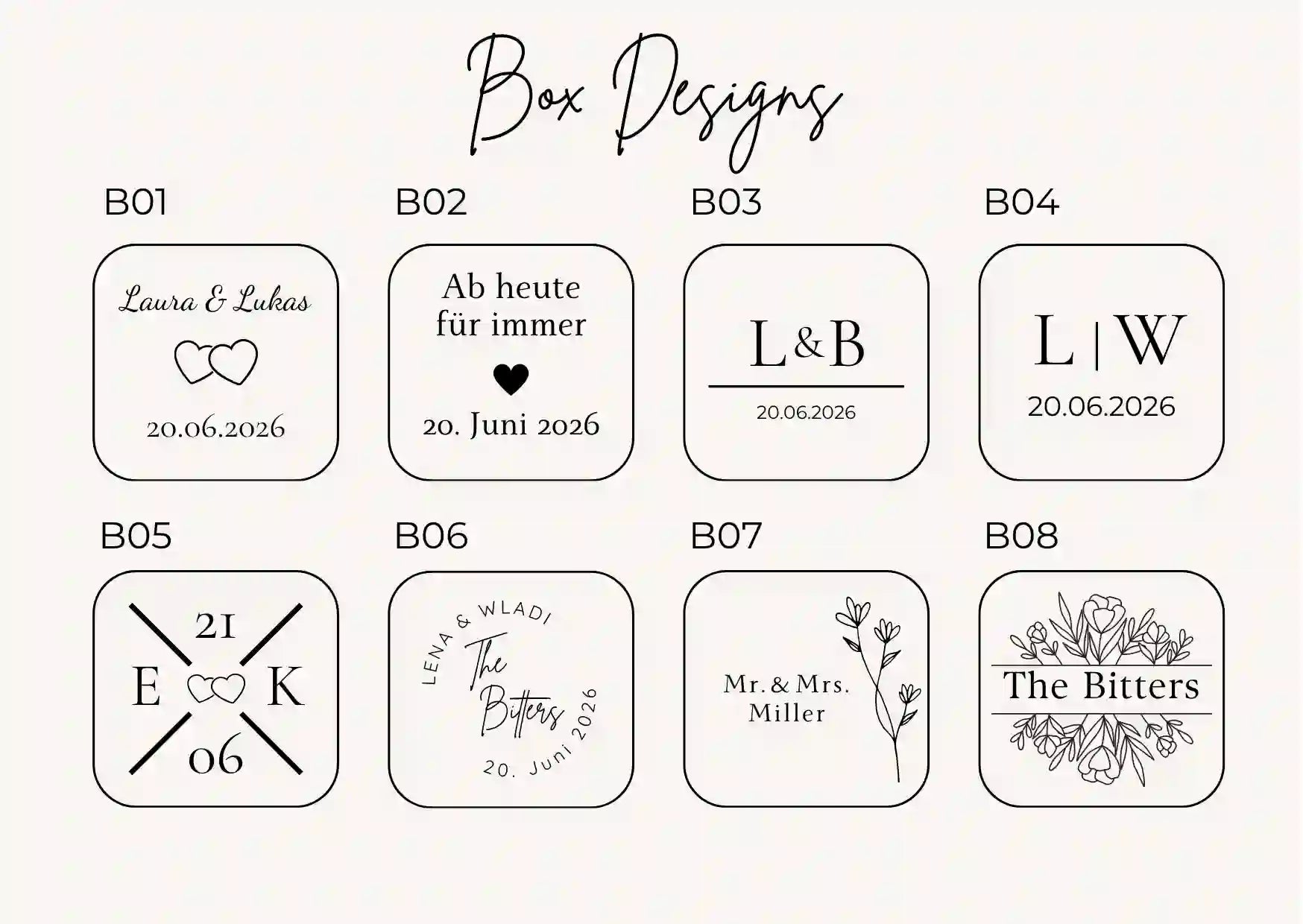 Gravur Designvorlagen für personalisierte Ringbox mit Namen und Initialen