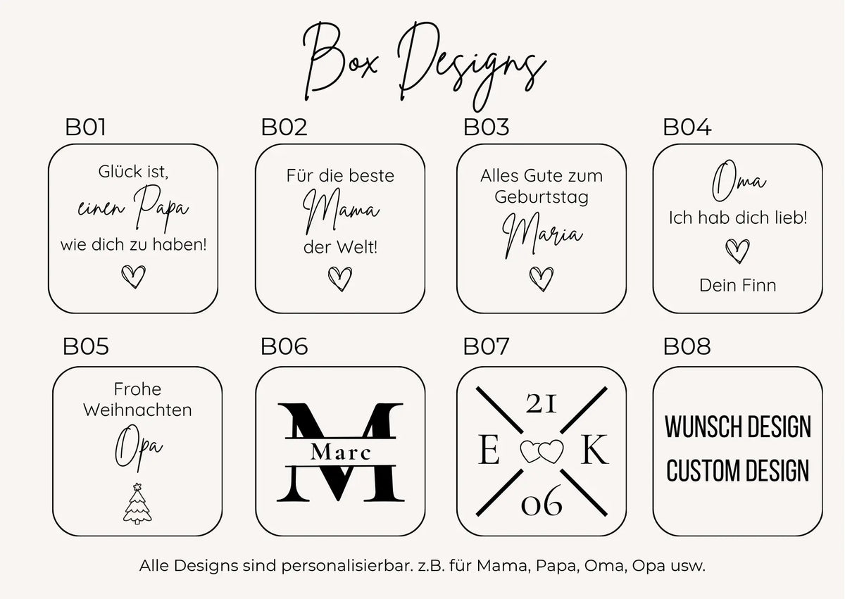 Übersicht verschiedener Gravurdesigns für personalisierte Schmuckboxen mit Namen, Schriftzügen und individuellen Motiven