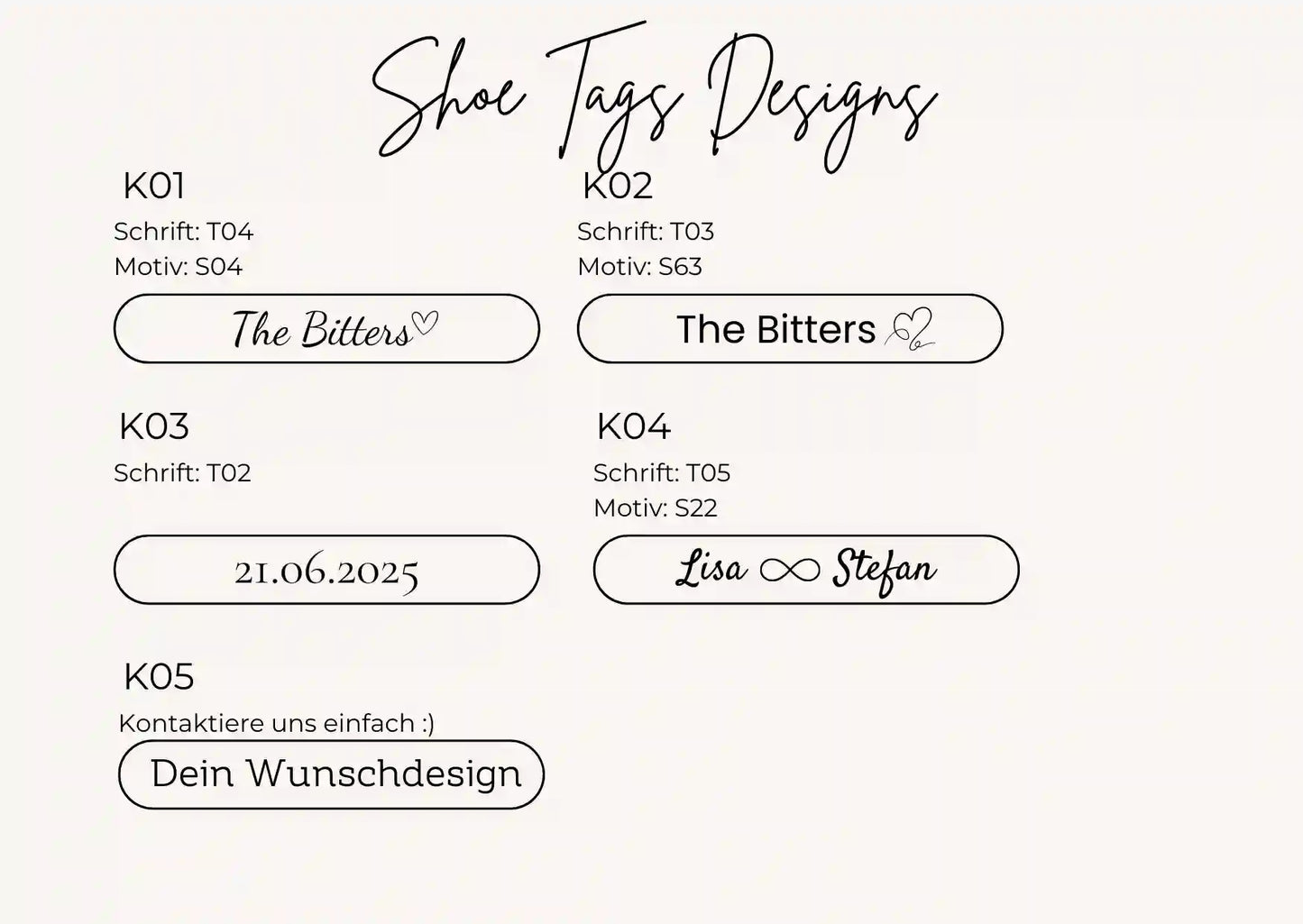 Übersicht der personalisierbaren Shoe Tags für Hochzeitssneaker mit verschiedenen Schriftarten, Textbeispielen und Gravuroptionen