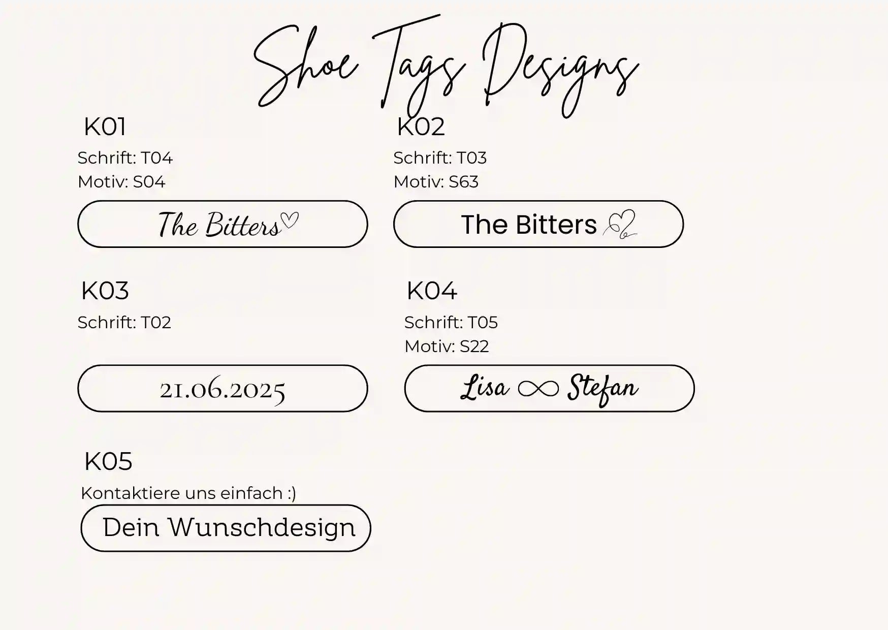 Übersicht der personalisierbaren Shoe Tags für Hochzeitssneaker mit verschiedenen Schriftarten, Textbeispielen und Gravuroptionen