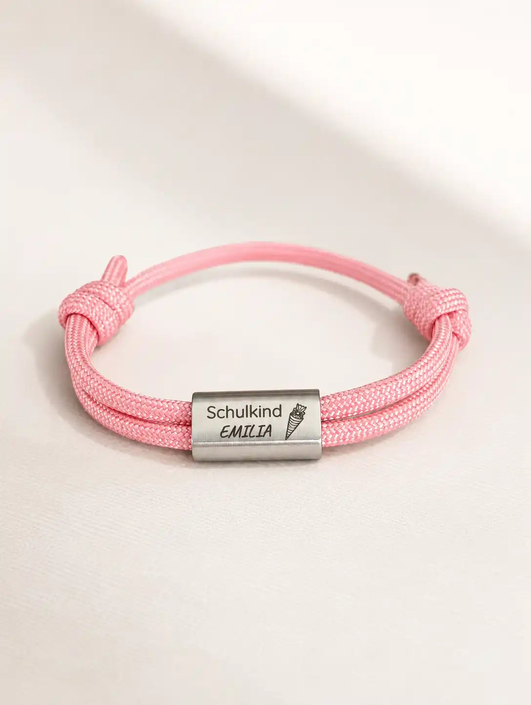 Rosa Segeltau Armband mit graviertem Edelstahl-Schieber für Kinder