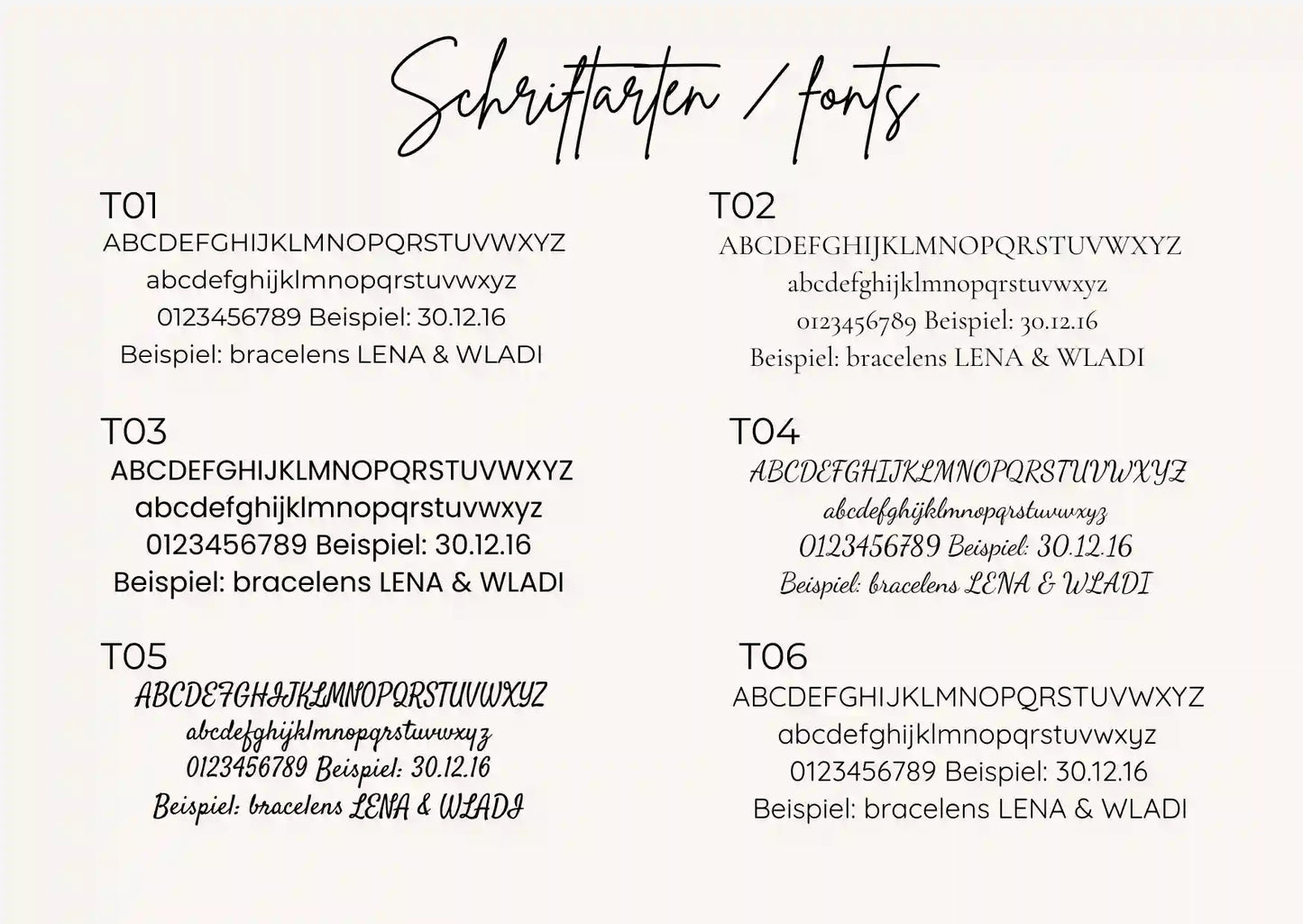 Auswahl an Schriftarten für personalisierte Schuh Tags zur Hochzeit – Accessoires für Hochzeitsfotos