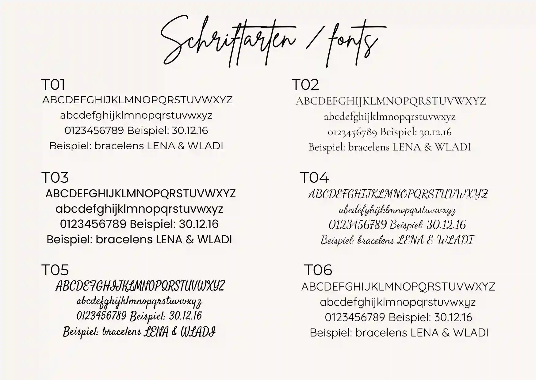 Auswahl an Schriftarten für personalisierte Schuh Tags zur Hochzeit – Accessoires für Hochzeitsfotos