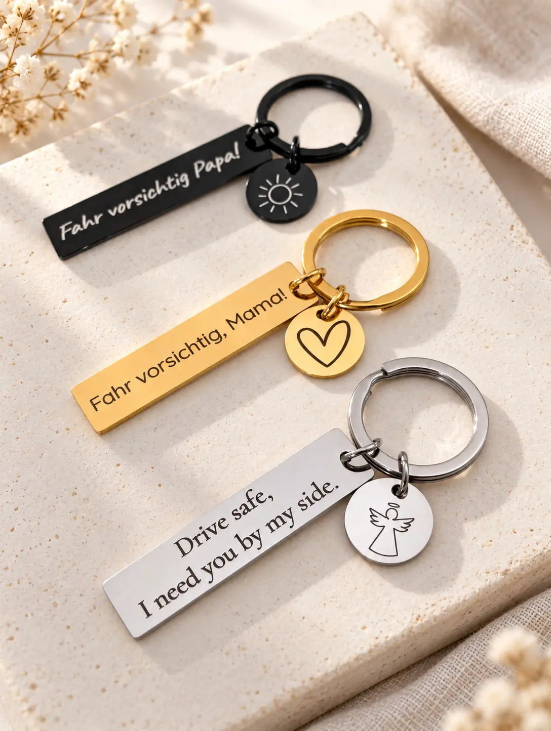 Personalisierte Schlüsselanhänger aus Edelstahl in Gold, Silber und Schwarz mit Gravur und kleinen runden Herzanhängern